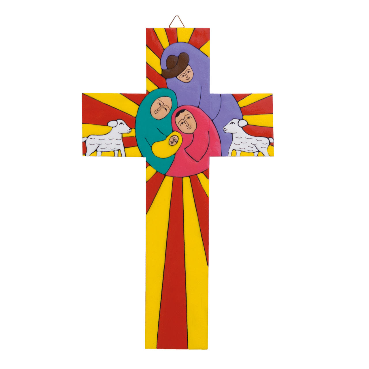 Bunt bemaltes Wandkreuz aus Holz-Heilige Familie im Strahlenkranz-Motiv