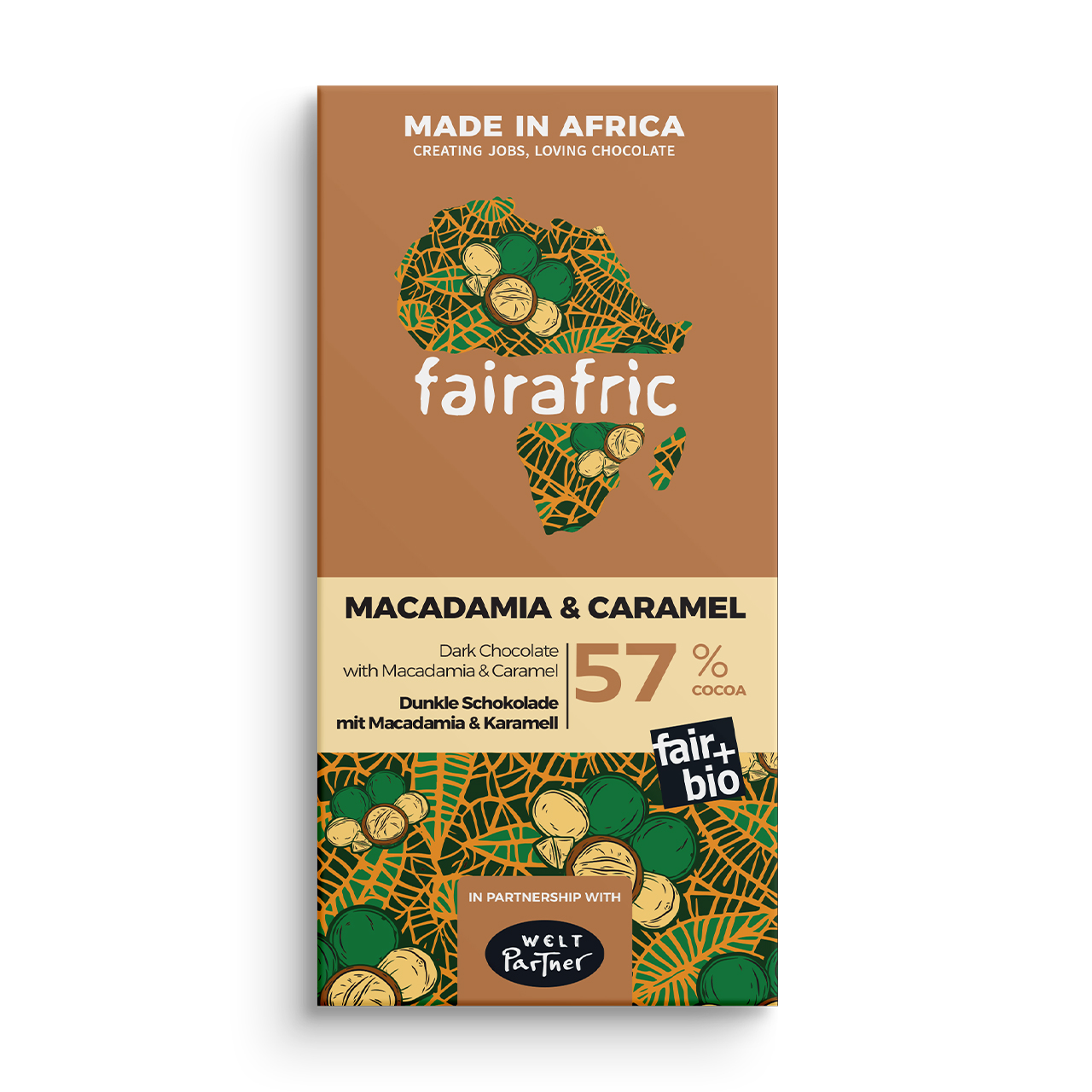 Nachhaltige Schokoladentafel aus Ghana mit Macadamia Nuss und Karamell, vegan und fair gehandelt