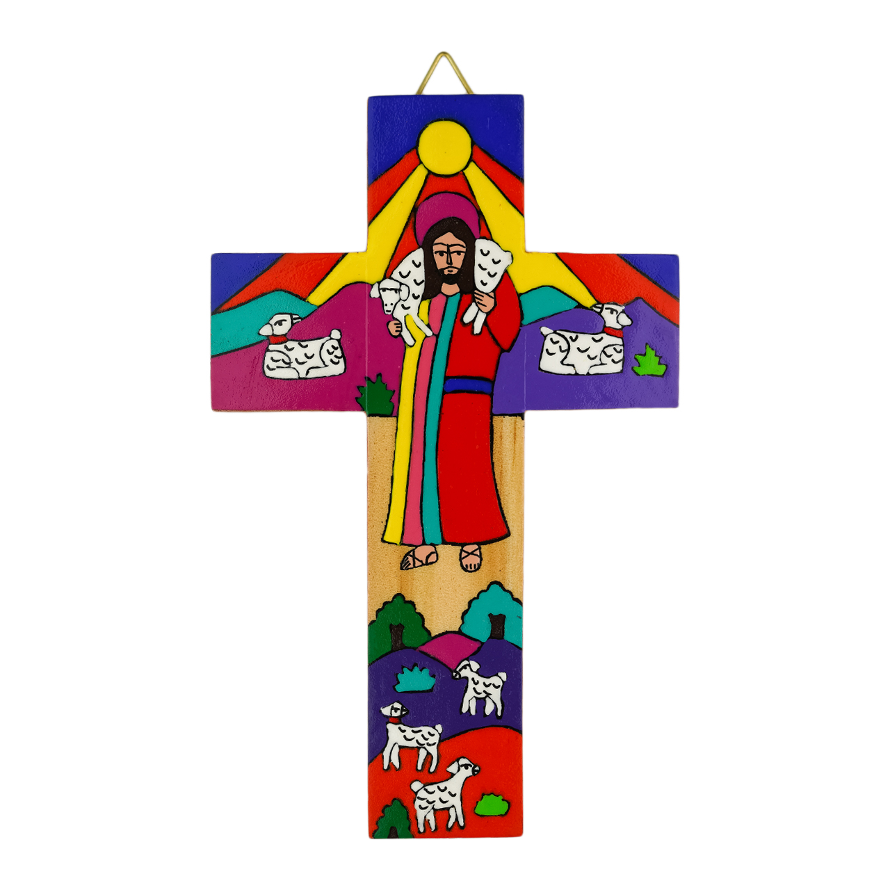 Bunt bemaltes Wandkreuz aus Holz - Schaefer