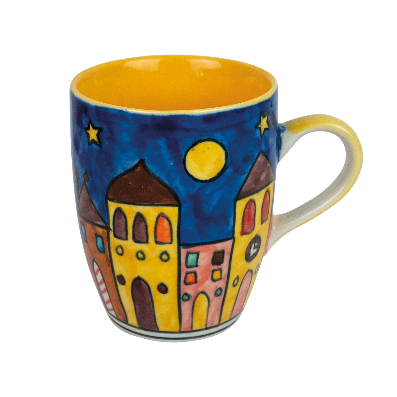 Handbemalter Kaffeepott aus Keramik mit weihnachtlicher Dorfszene – festliches Design für gemütliche Kaffeepausen in der Adventszeit.