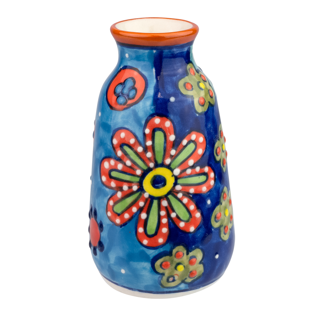 Kleine, handbemalte Keramikvase mit farbenfrohem Blumenmotiv – kunstvolles Design für stilvolle Tischdekoration.